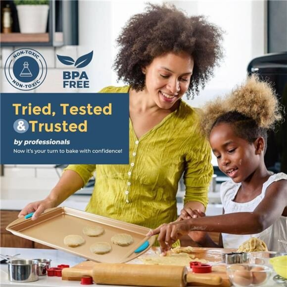 Cookie Sheet Baking Pan 2 Piece Set,9x13" Gold Nonstick Trays with Blue Silicone - Picture 7 of 8